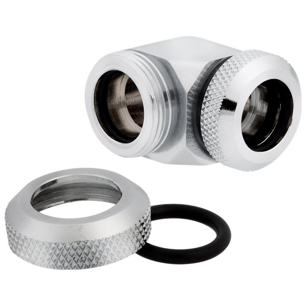 A large main feature product image of Corsair Hydro X Series XF Hardline 90° 12mm OD Fitting Twin Pack — Chrome