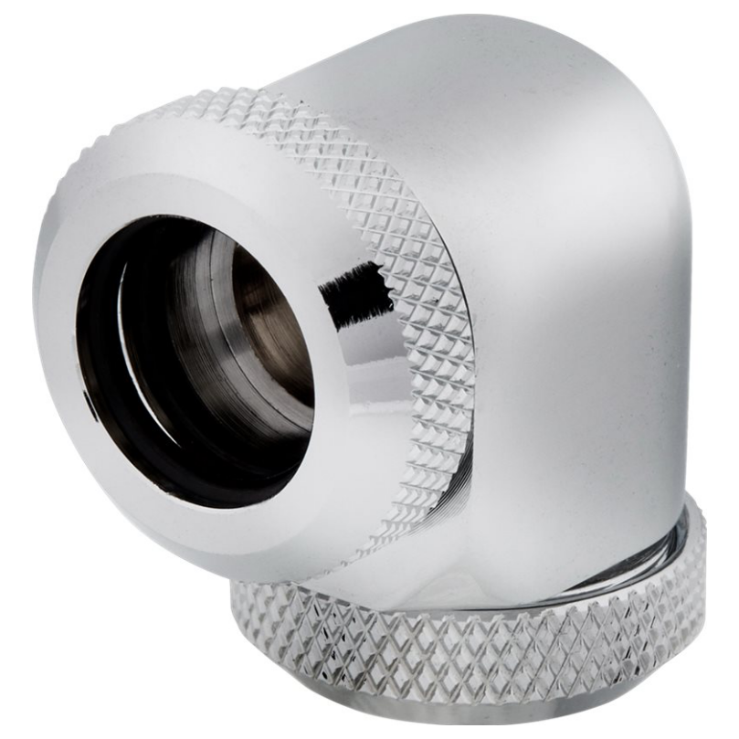 A large main feature product image of Corsair Hydro X Series XF Hardline 90° 12mm OD Fitting Twin Pack — Chrome