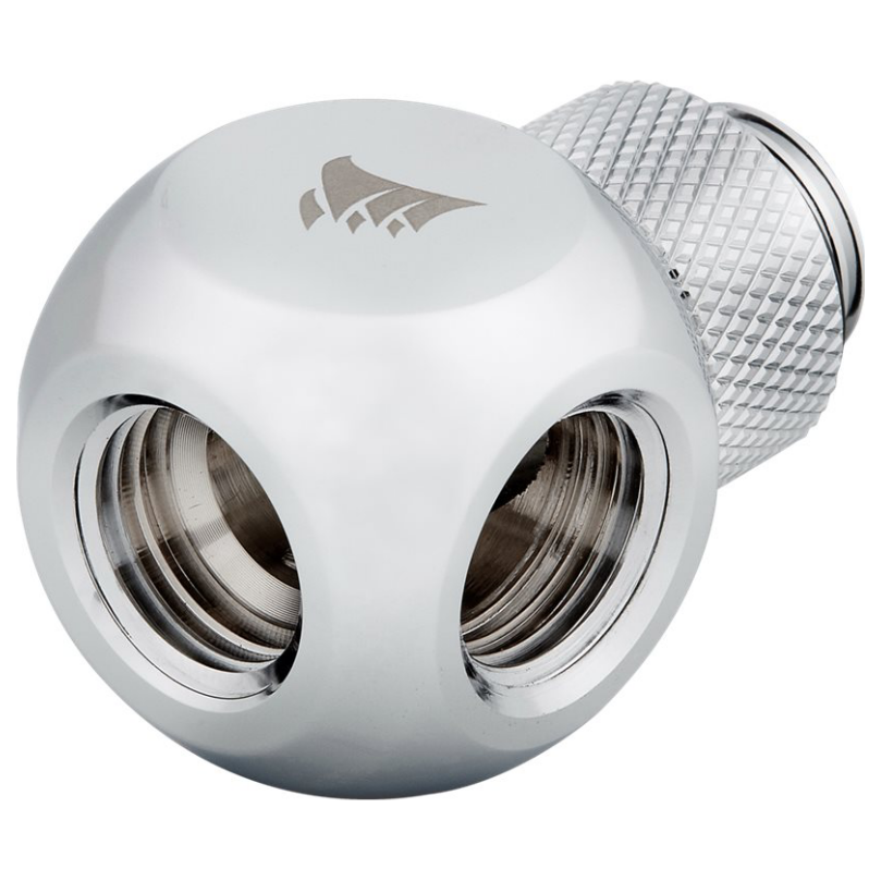 A large main feature product image of Corsair Hydro X Series XF Rotary Y-Splitter — Chrome