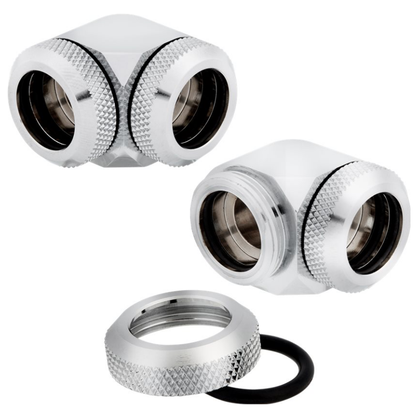 A large main feature product image of Corsair Hydro X Series XF Hardline 90° 14mm OD Fitting Twin Pack — Chrome