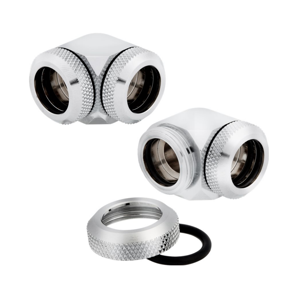 A large main feature product image of Corsair Hydro X Series XF Hardline 90° 14mm OD Fitting Twin Pack — Chrome