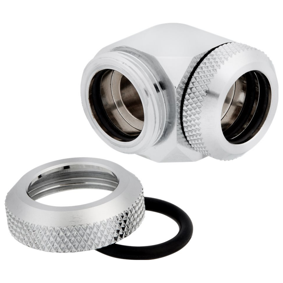 A large main feature product image of Corsair Hydro X Series XF Hardline 90° 14mm OD Fitting Twin Pack — Chrome