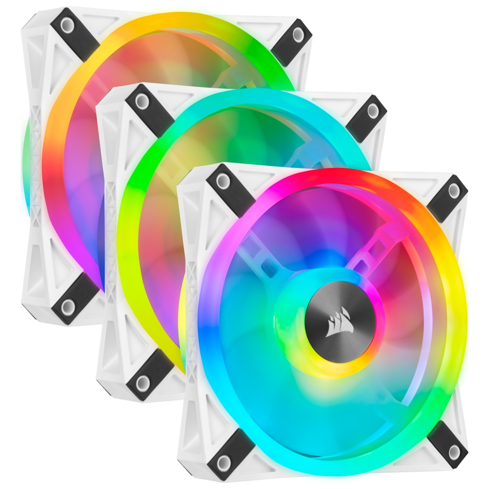 A large main feature product image of Corsair QL120 White RGB PWM 120mm Fan - Triple Pack