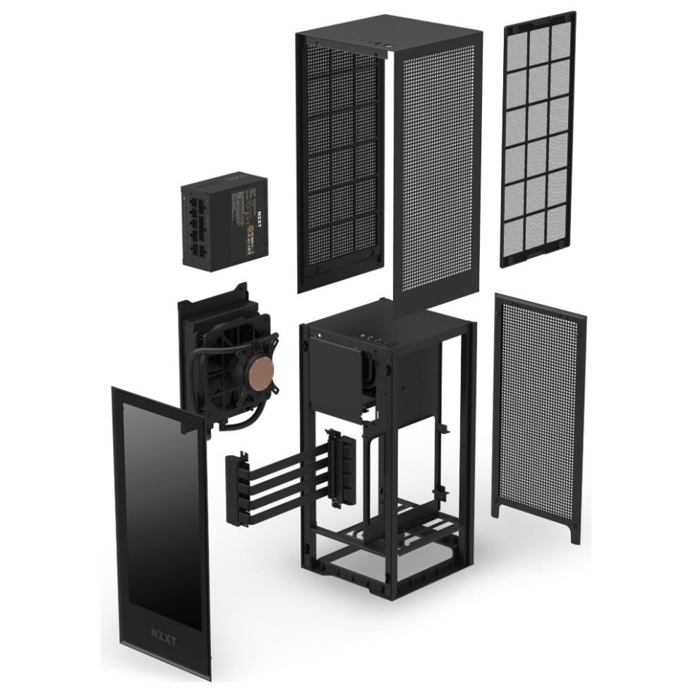 A large main feature product image of NZXT H1 Black All In One mITX Tower Case w/ 650W 80Plus Gold Power Supply 