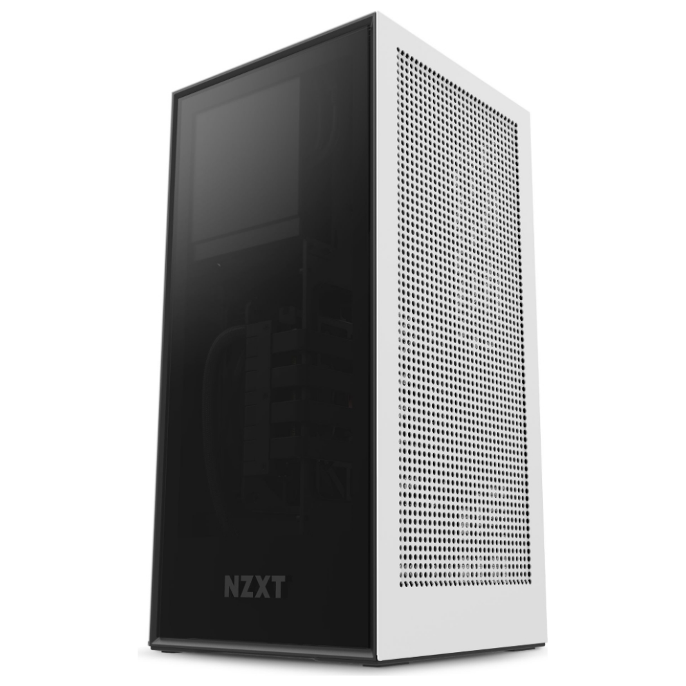 A large main feature product image of NZXT H1 White All In One mITX Tower Case w/ 650W 80Plus Gold Power Supply