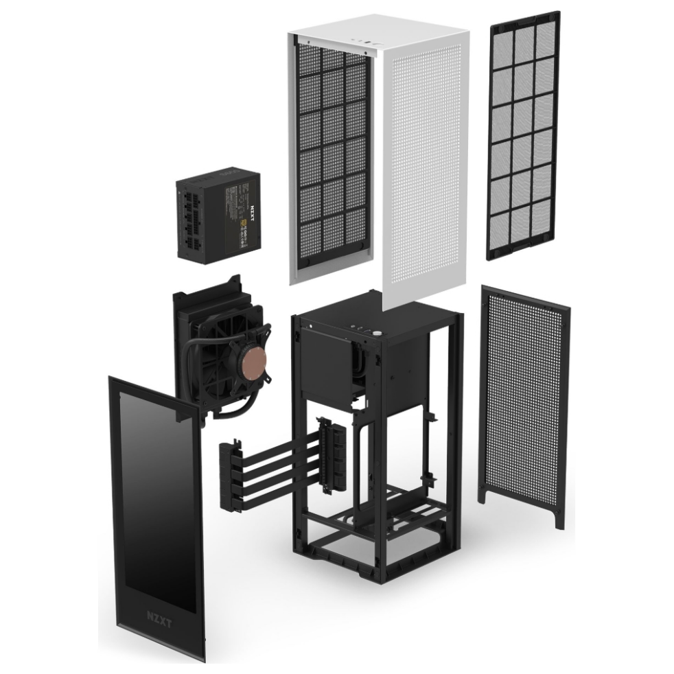 A large main feature product image of NZXT H1 White All In One mITX Tower Case w/ 650W 80Plus Gold Power Supply