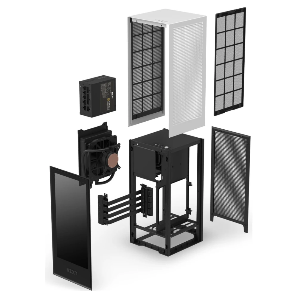 A large main feature product image of NZXT H1 White All In One mITX Tower Case w/ 650W 80Plus Gold Power Supply