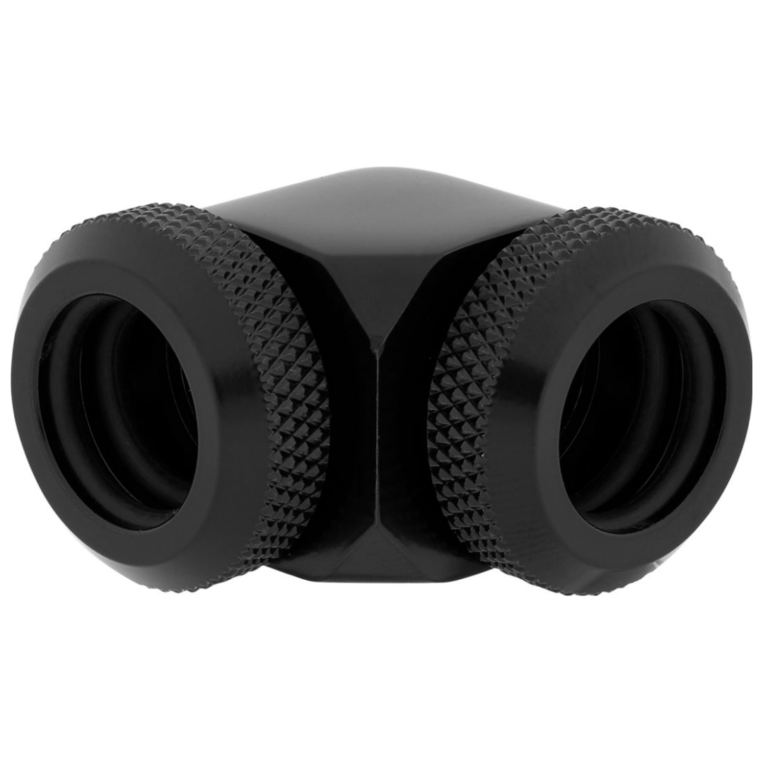 A large main feature product image of Corsair Hydro X Series XF Hardline 90° 12mm OD Fitting Twin Pack — Black
