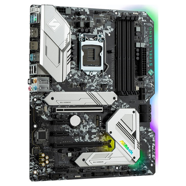 A large main feature product image of ASRock Z390 Steel Legend LGA1151-CL ATX Desktop Motherboard