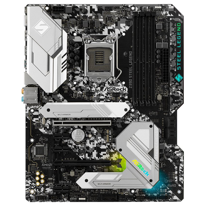 A large main feature product image of ASRock Z390 Steel Legend LGA1151-CL ATX Desktop Motherboard