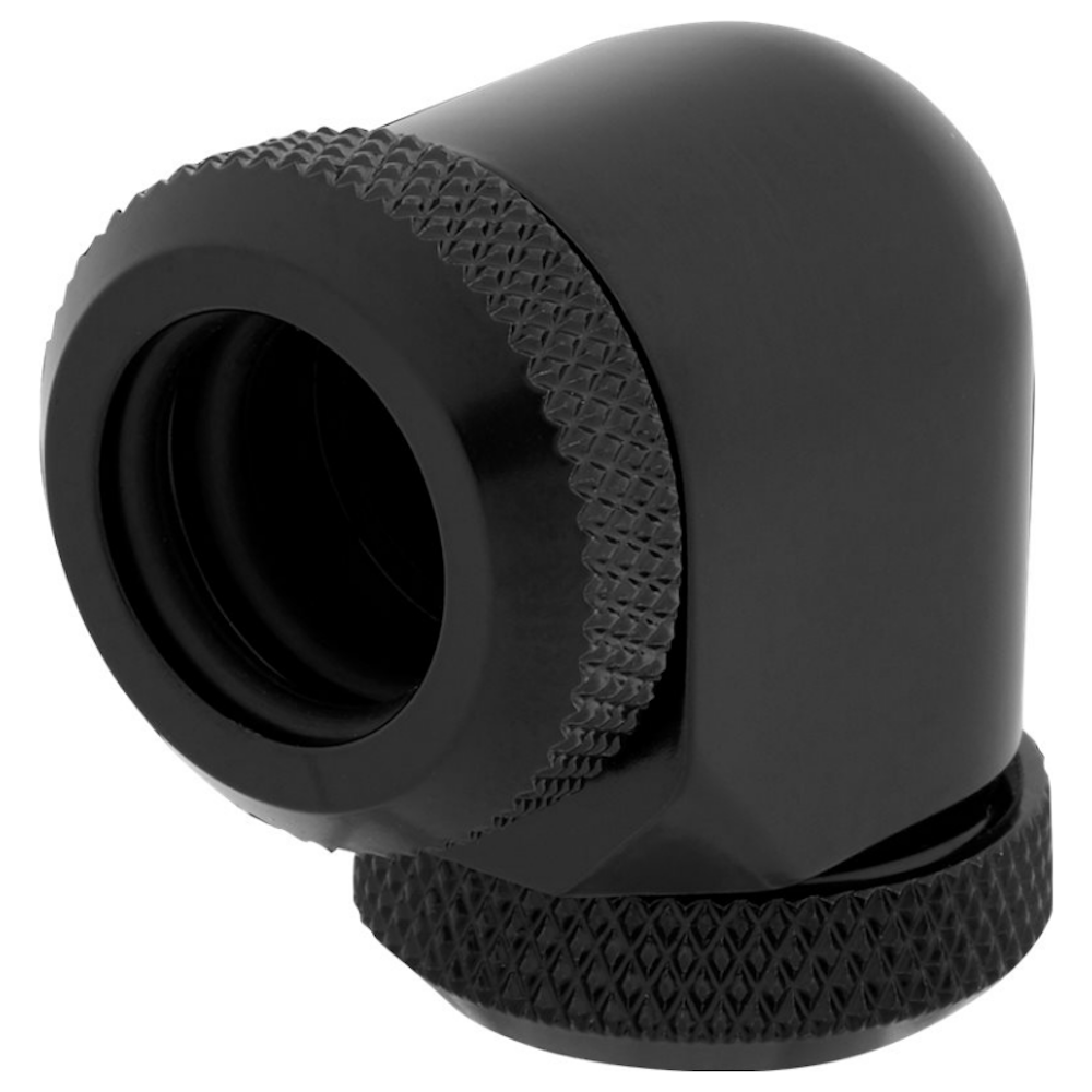 A large main feature product image of Corsair Hydro X Series XF Hardline 90° 12mm OD Fitting Twin Pack — Black