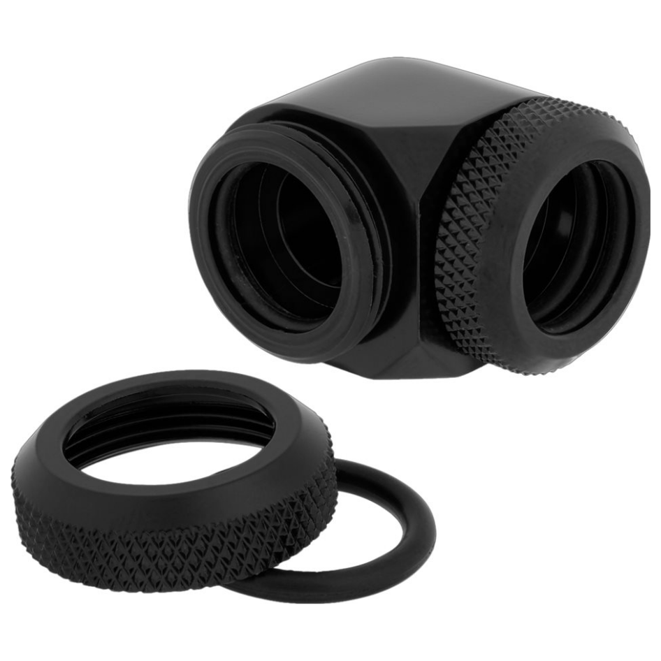 A large main feature product image of Corsair Hydro X Series XF Hardline 90° 14mm OD Fitting Twin Pack — Black
