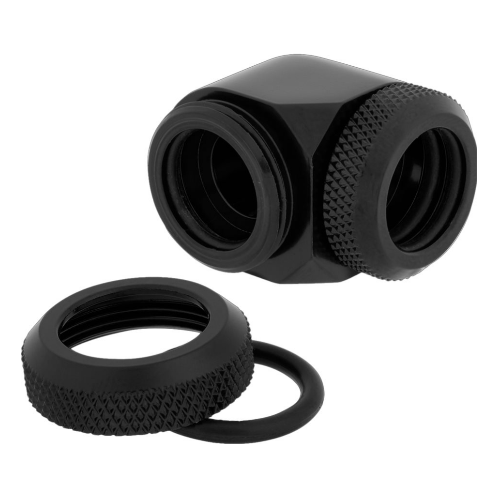 A large main feature product image of Corsair Hydro X Series XF Hardline 90° 14mm OD Fitting Twin Pack — Black