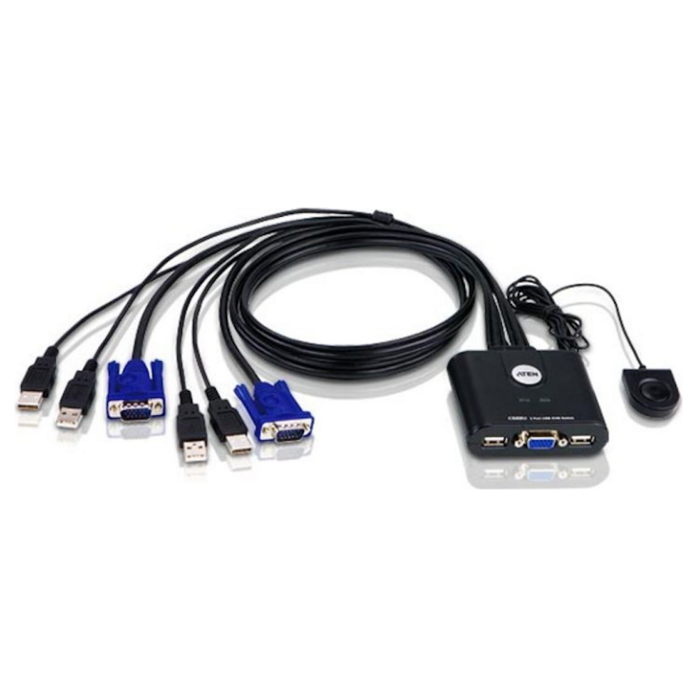 A large main feature product image of ATEN 2 Port VGA KVM Switch w/ Remote Port Selector