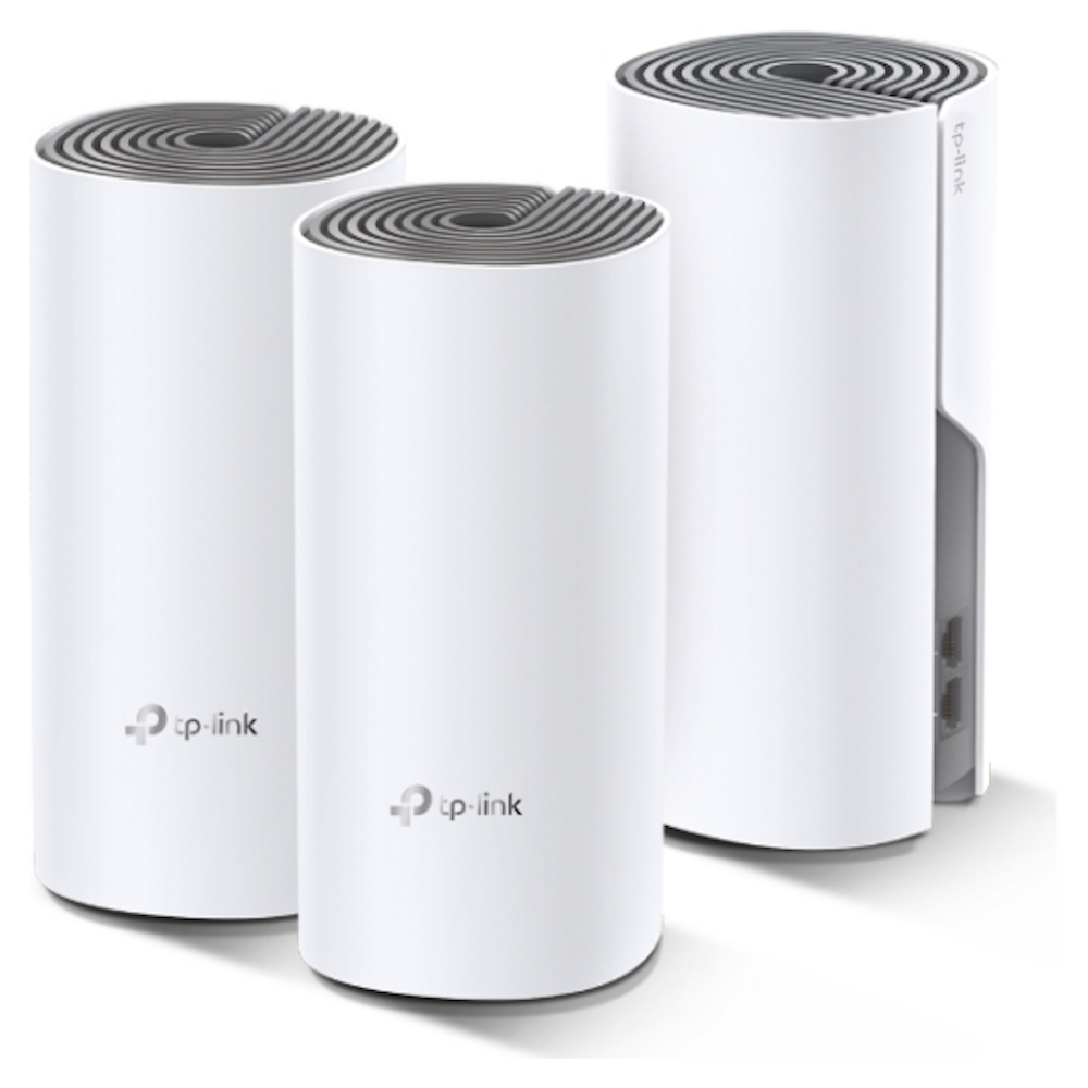 A large main feature product image of TP-Link Deco E4 - AC1200 Wi-Fi 5 Mesh System (3 Pack)