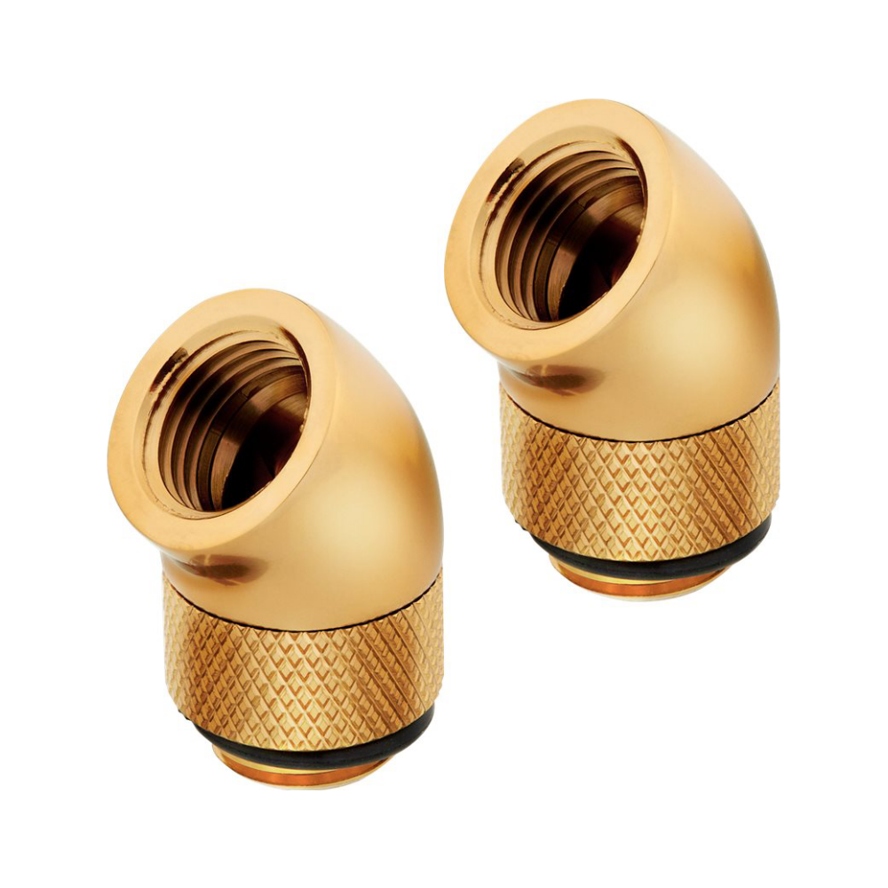 A large main feature product image of Corsair Hydro X Series 45° Rotary Adapter Twin Pack — Gold