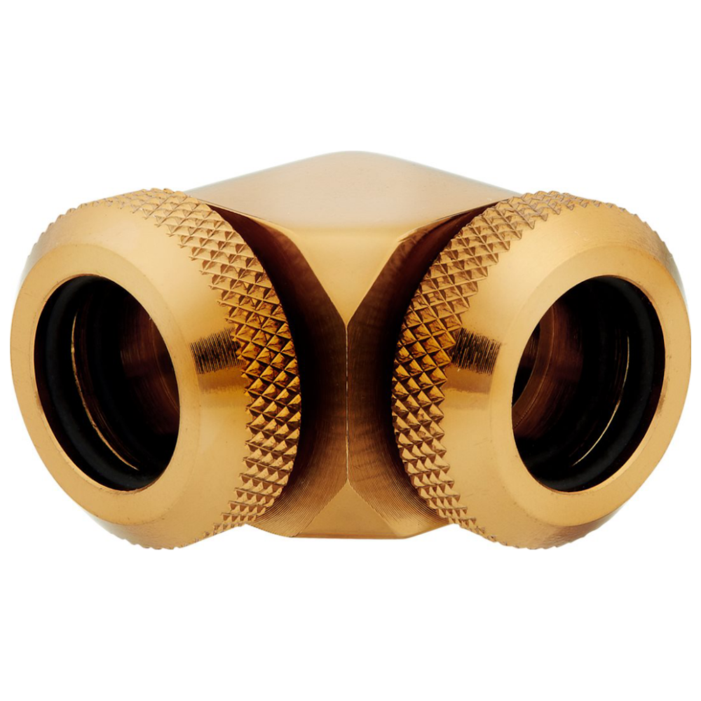 A large main feature product image of Corsair Hydro X Series XF Hardline 90° 12mm OD Fitting Twin Pack — Gold