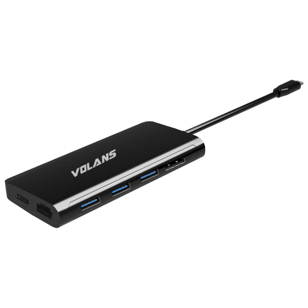A large main feature product image of Volans Aluminium USB-C Multiport Adapter with PD, HDMI2.0, LAN, 3xUSB3.0 & Card Reader