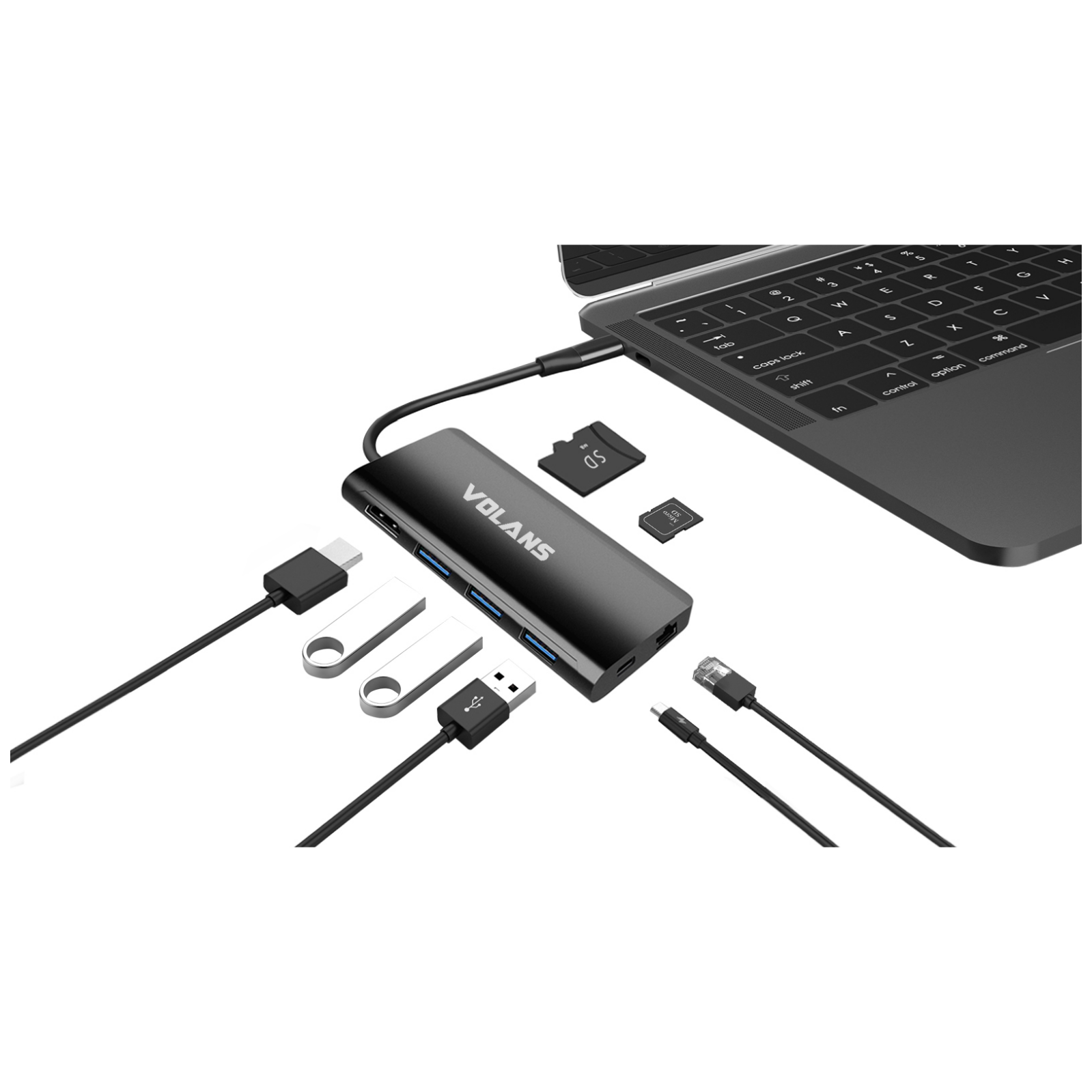 A large main feature product image of Volans Aluminium USB Type-C Multiport Adapter with PD, HDMI2.0, LAN, 3xUSB3.0 & Card Reader