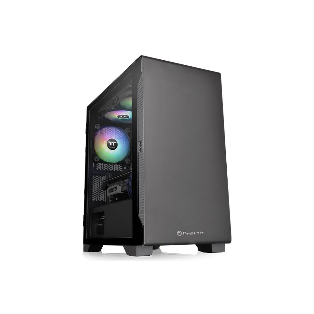 A large main feature product image of Thermaltake S100 mATX Black Mid Tower Case w/ Tempered Glass Side Panel