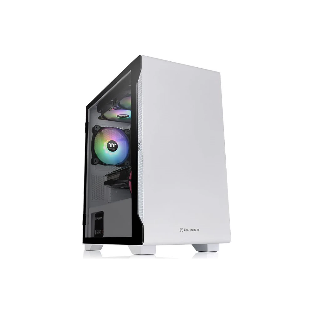 A large main feature product image of Thermaltake S100 mATX White Mid Tower Case w/ Tempered Glass Side Panel