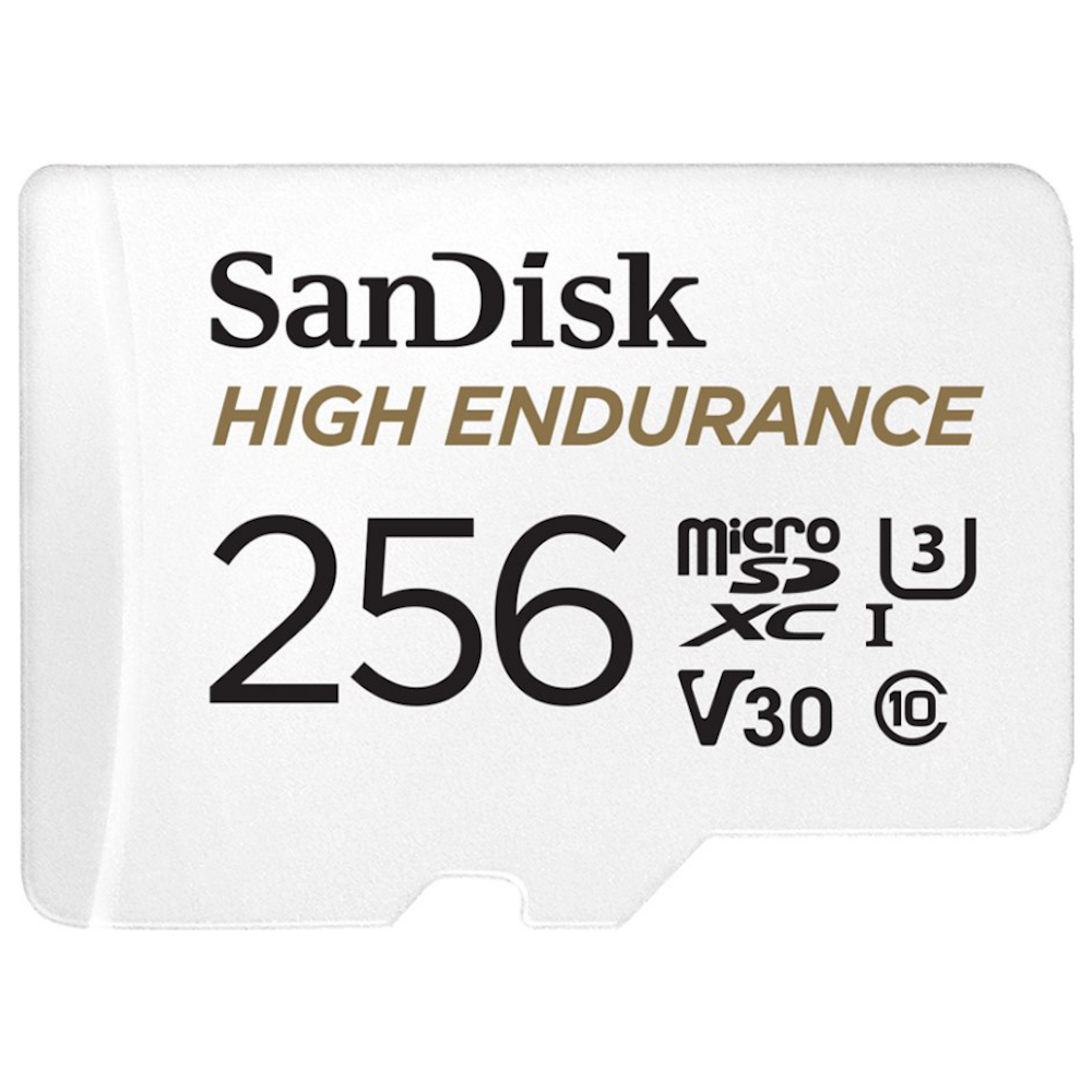 A large main feature product image of SanDisk High Endurance 256GB UHS-I MicroSDXC Card