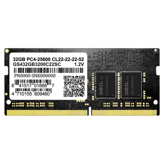 A large main feature product image of GeIL 32GB Single (1x32GB) DDR4-2666 C19 SO-DIMM