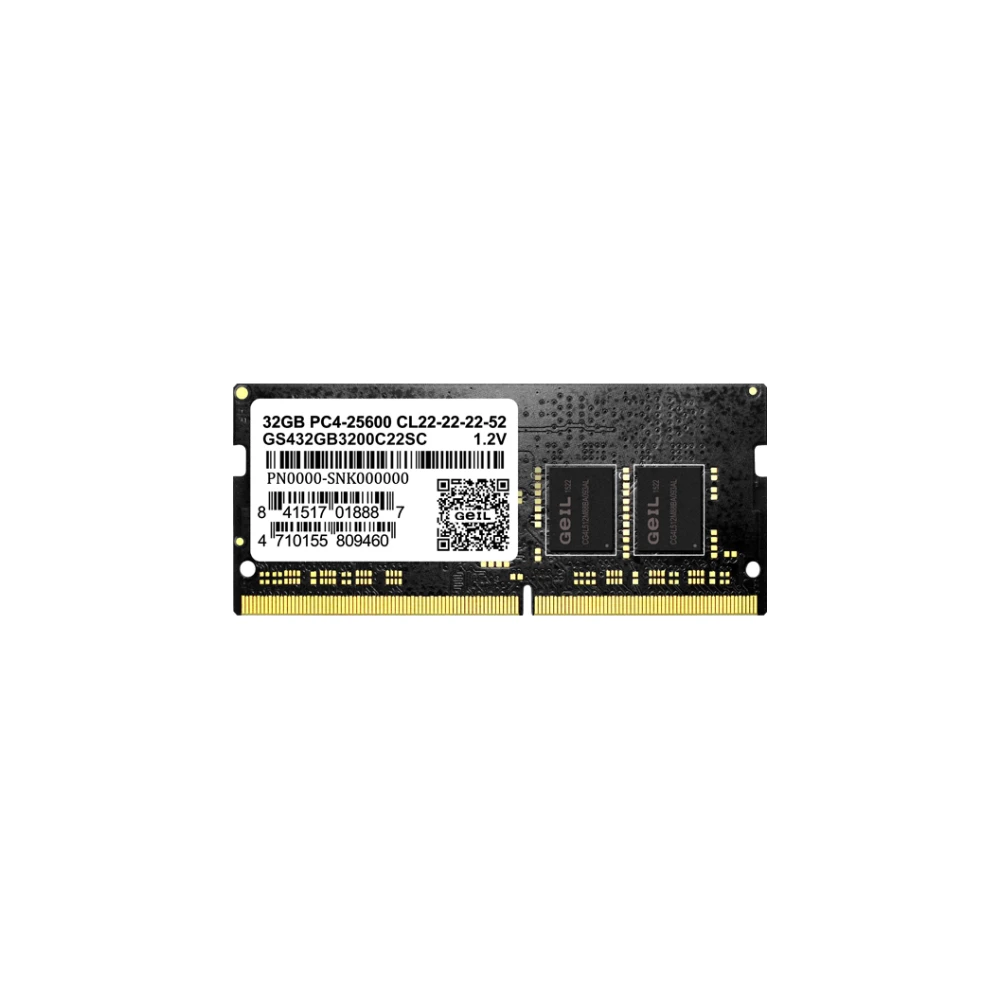 A large main feature product image of GeIL 32GB Single (1x32GB) DDR4-2666 C19 SO-DIMM