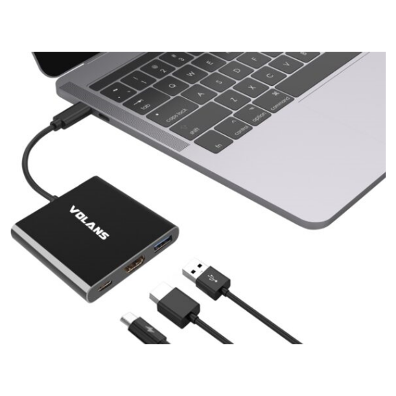 A large main feature product image of Volans Aluminium USB Type-C Multiport Adapter with PD, 4K HDMI & USB3.0