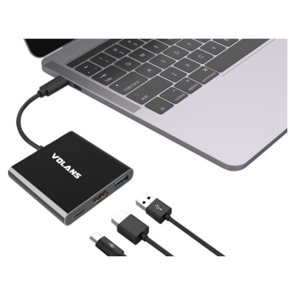 A large main feature product image of Volans Aluminium USB-C Multiport Adapter with PD, 4K HDMI & USB3.0