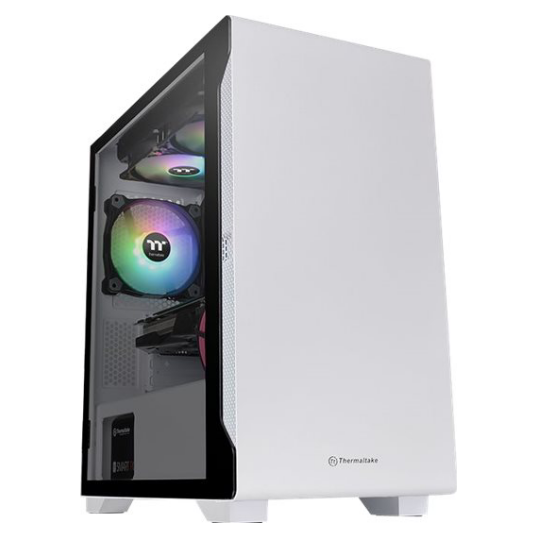 A large main feature product image of Thermaltake S100 mATX White Mid Tower Case w/ Tempered Glass Side Panel
