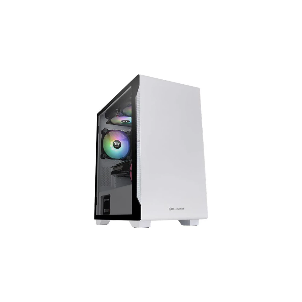 A large main feature product image of Thermaltake S100 mATX White Mid Tower Case w/ Tempered Glass Side Panel