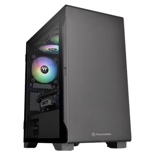 A large main feature product image of Thermaltake S100 mATX Black Mid Tower Case w/ Tempered Glass Side Panel