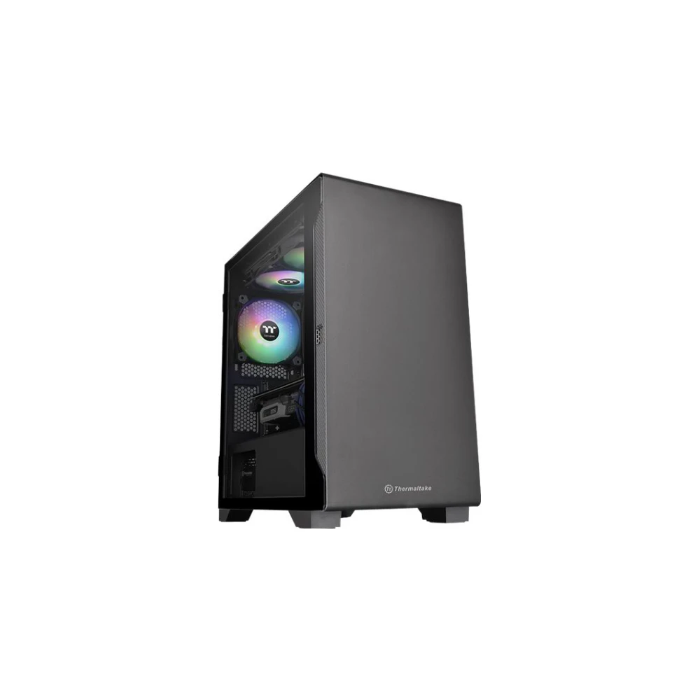 A large main feature product image of Thermaltake S100 mATX Black Mid Tower Case w/ Tempered Glass Side Panel