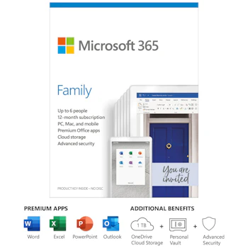 Product image of Microsoft 365 Family Retail Pack - 6 User, 1 Year Subscription - Click for product page of Microsoft 365 Family Retail Pack - 6 User, 1 Year Subscription
