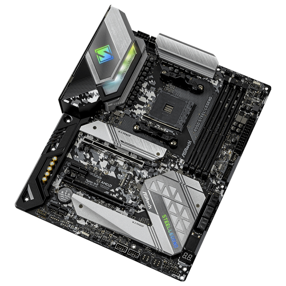 A large main feature product image of ASRock B550 Steel Legend AM4 ATX Desktop Motherboard