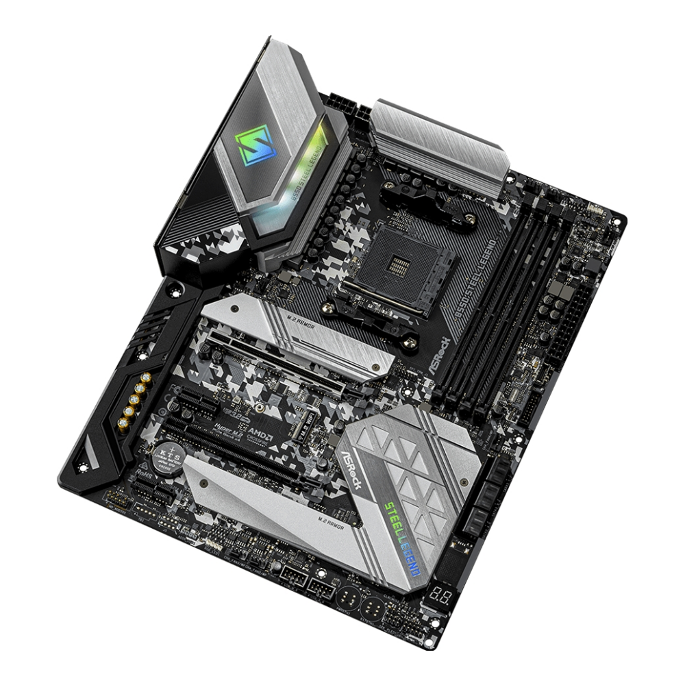 A large main feature product image of ASRock B550 Steel Legend AM4 ATX Desktop Motherboard