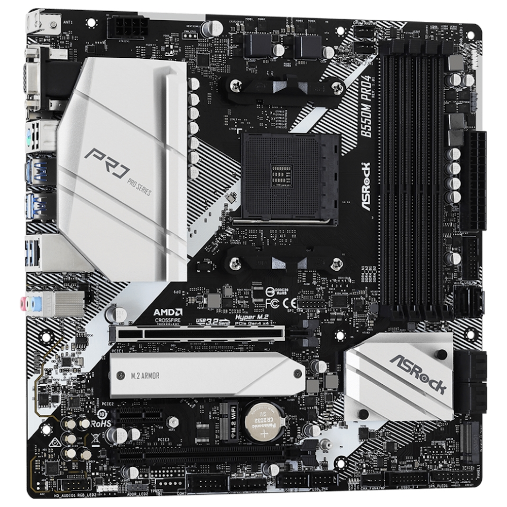 A large main feature product image of ASRock B550M Pro4 AM4 mATX Desktop Motherboard