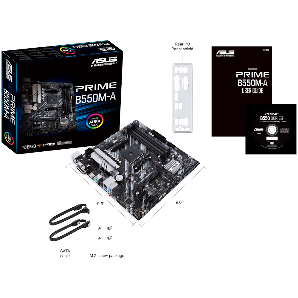 A large main feature product image of ASUS PRIME B550M-A AM4 mATX Desktop Motherboard