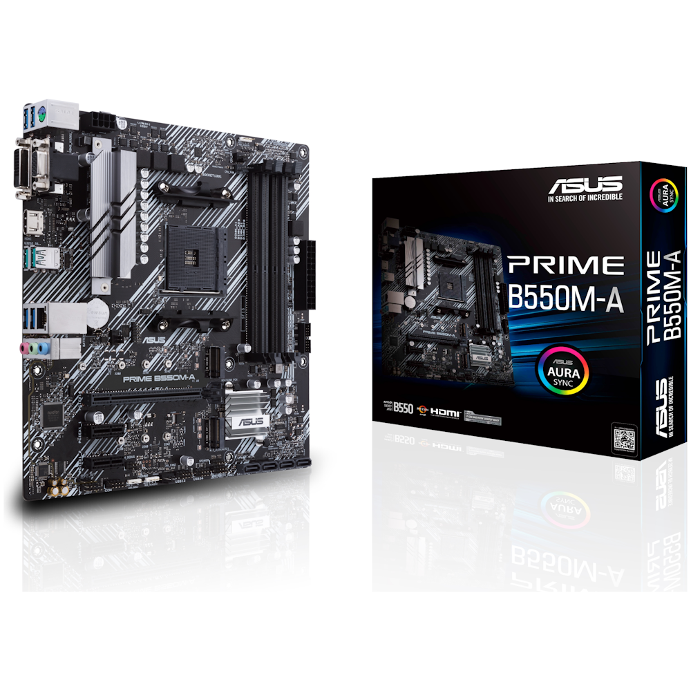 A large main feature product image of ASUS PRIME B550M-A AM4 mATX Desktop Motherboard