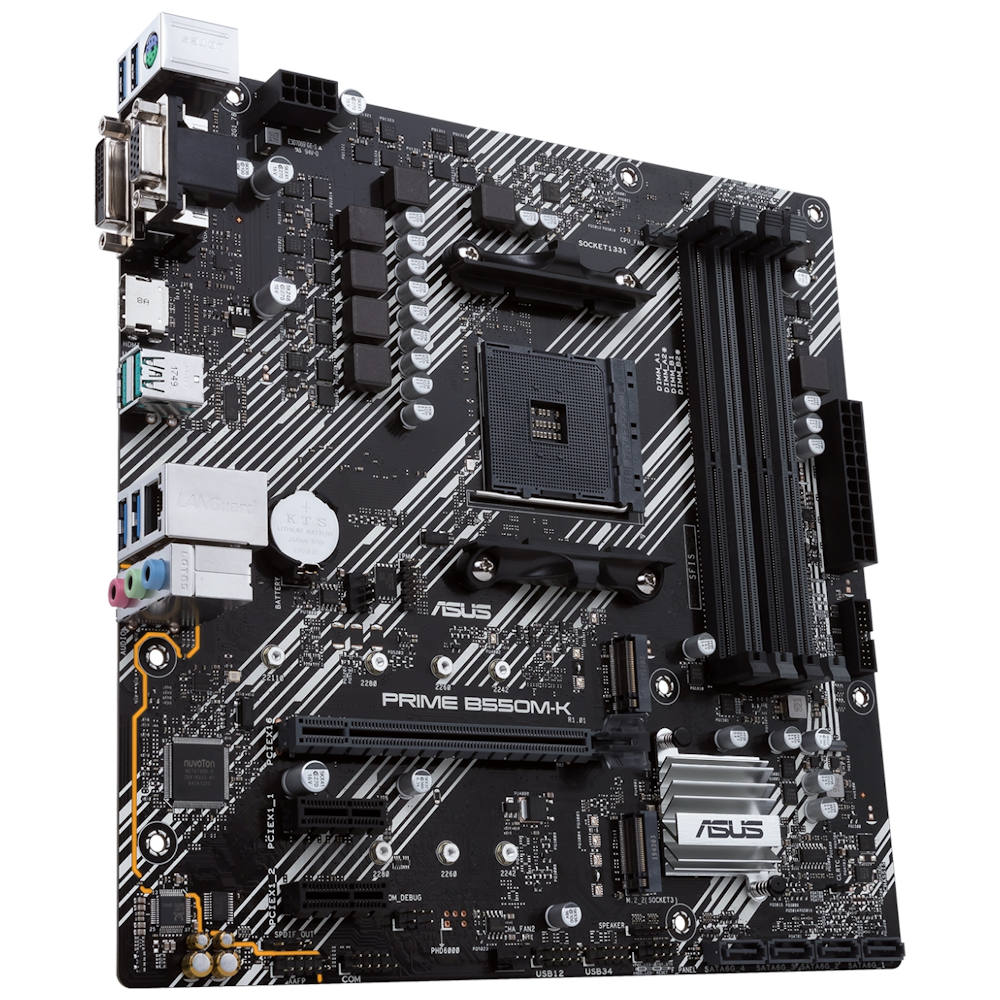A large main feature product image of ASUS PRIME B550M-K AM4 mATX Desktop Motherboard
