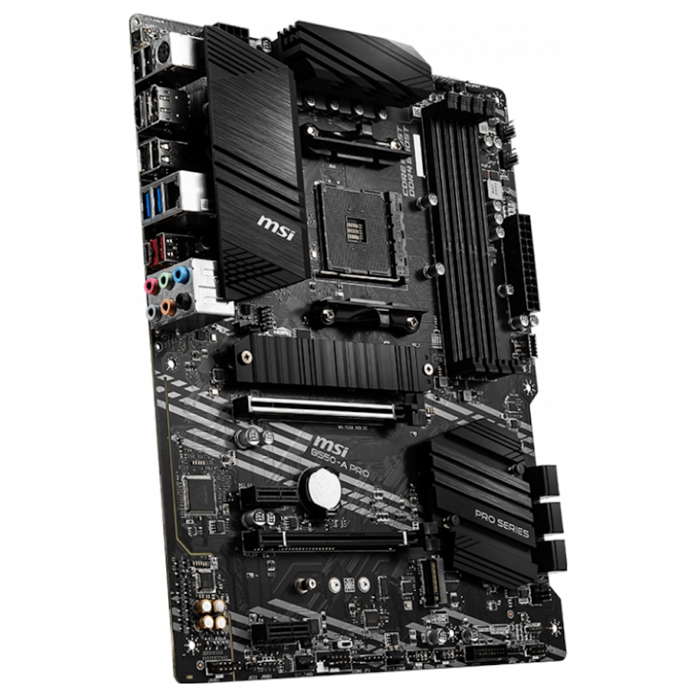 A large main feature product image of MSI B550-A PRO AM4 ATX Desktop Motherboard