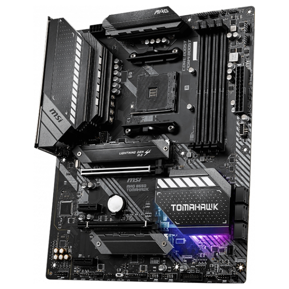 A large main feature product image of MSI MAG B550 Tomahawk AM4 ATX Desktop Motherboard