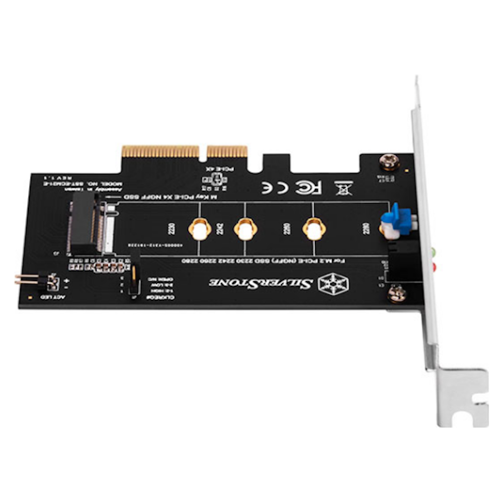 A large main feature product image of SilverStone M.2 PCIe/NVMe SSD To PCIe x4 Adapter