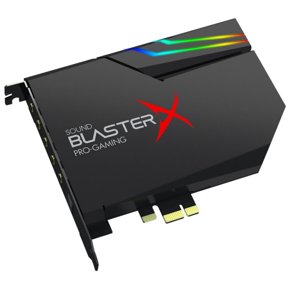 A large main feature product image of Creative Sound BlasterX AE-5 Plus Hi-Res PCIe Gaming Sound Card