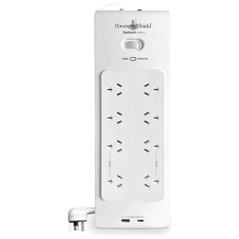 A large main feature product image of PowerShield ZapGuard 8 Way Surge Board with Quick USB Charging