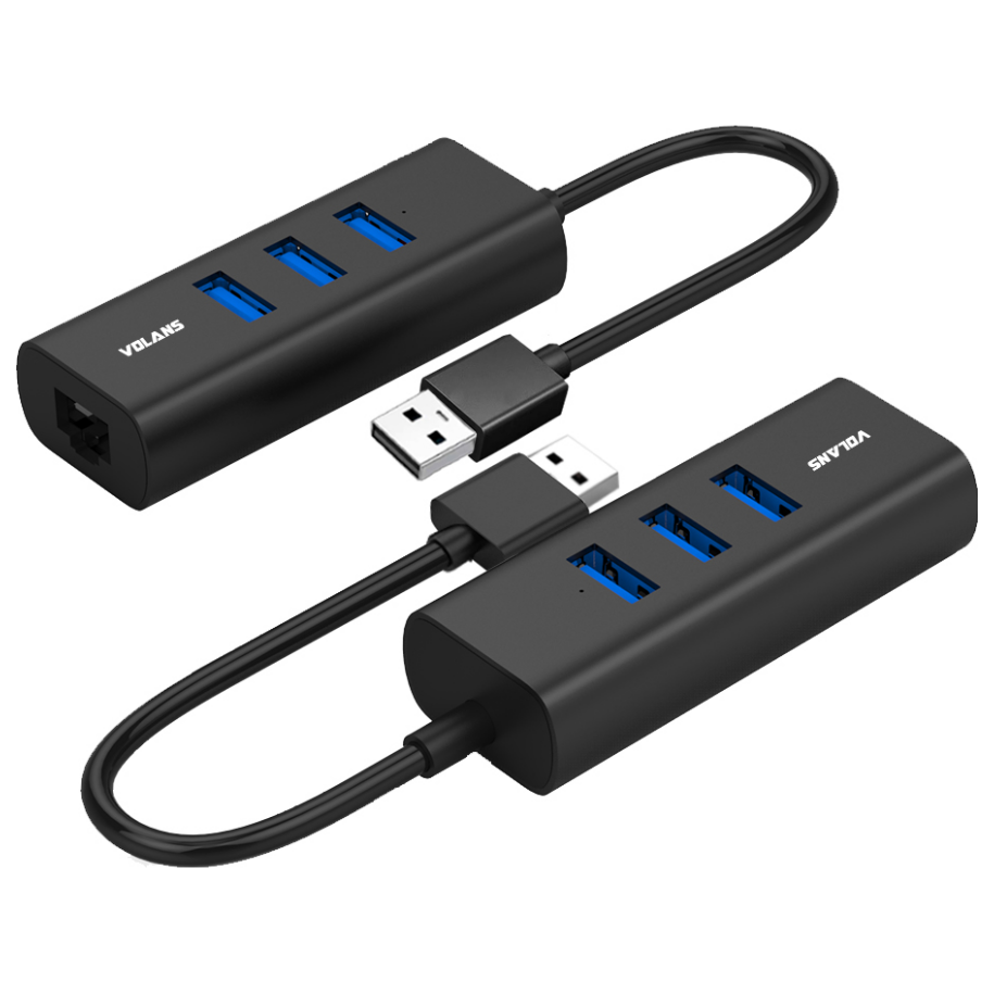 A large main feature product image of Volans Aluminium 3 Port USB3.0 Hub + RJ45 Gigabit Ethernet Adapter