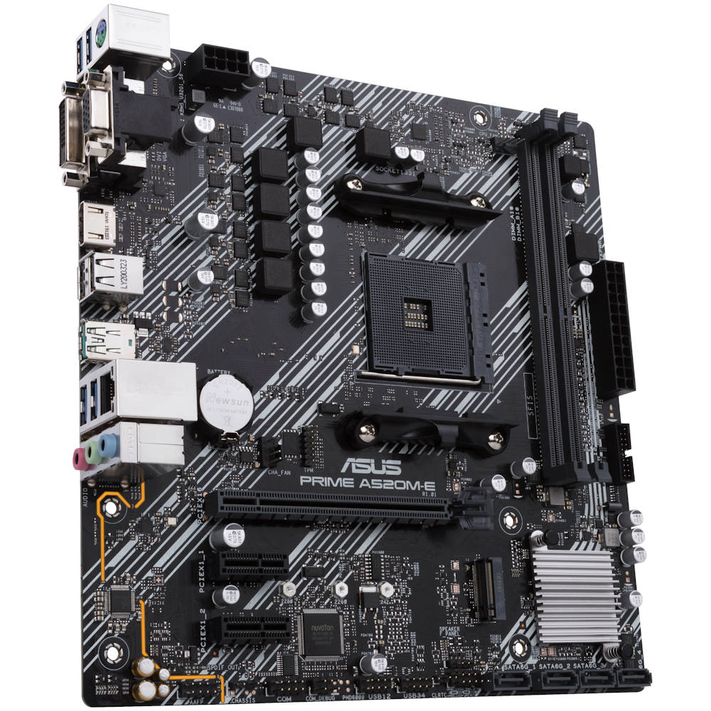 A large main feature product image of ASUS PRIME A520M-E AM4 mATX Desktop Motherboard