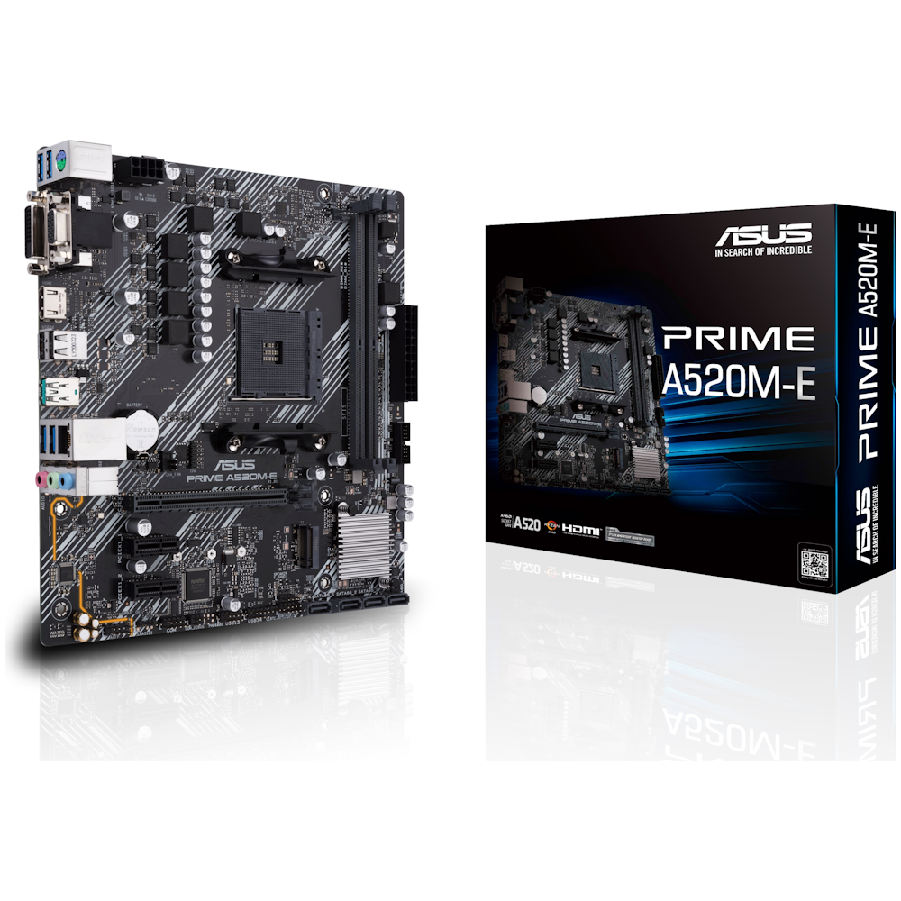A large main feature product image of ASUS PRIME A520M-E AM4 mATX Desktop Motherboard