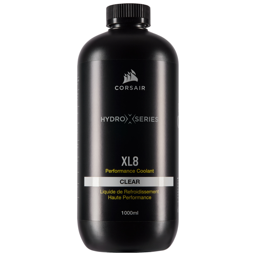 A large main feature product image of Corsair Hydro X Series XL8 Performance Coolant 1L — Clear